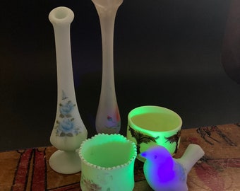 Various uranium glass & cobolt blue vase, bird, trinket cups Glowing florescence glass, Fenton Sold per piece.