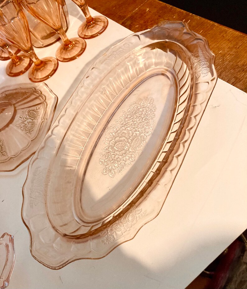 Pink & Green Depression Glass Decanter Set Plates Bowls Etsy