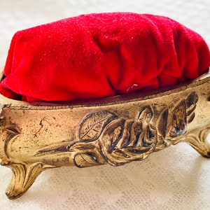 Antique Art nouveau pin cushion in red & gold casket  with a Rose design For stick pins, jewelry or needles Gift for her.