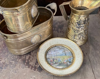 Old brass hand made items in Antique to Vintage English & India made. Pitcher, wall plate, planter.