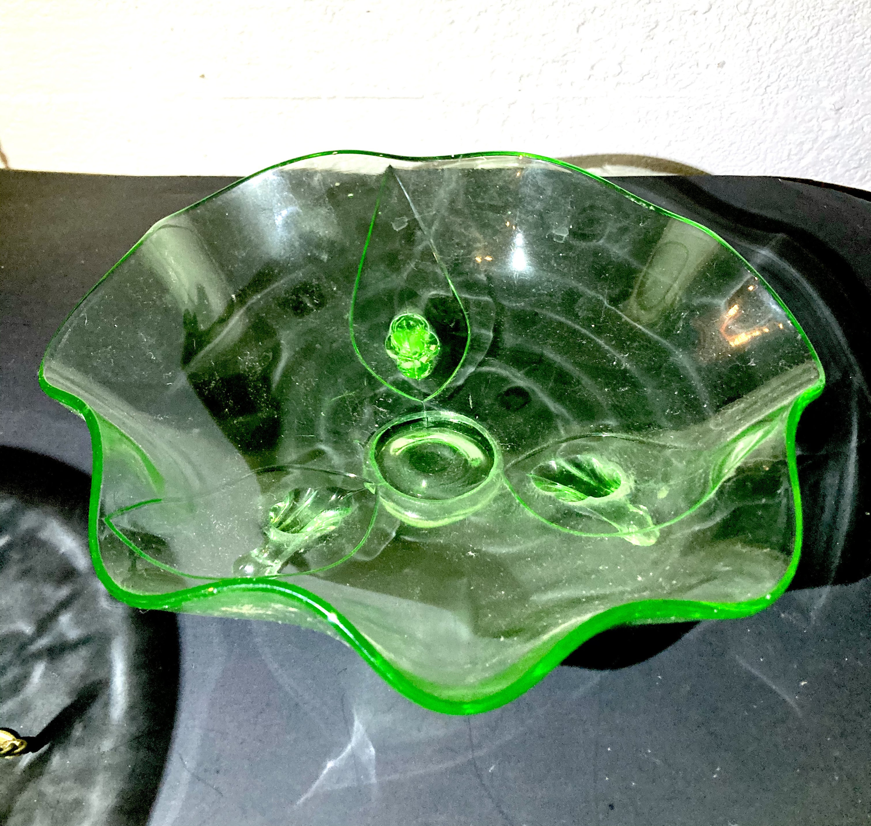 Antique to Vintage Green Uranium Glass Serving Mixing Bowls Platter