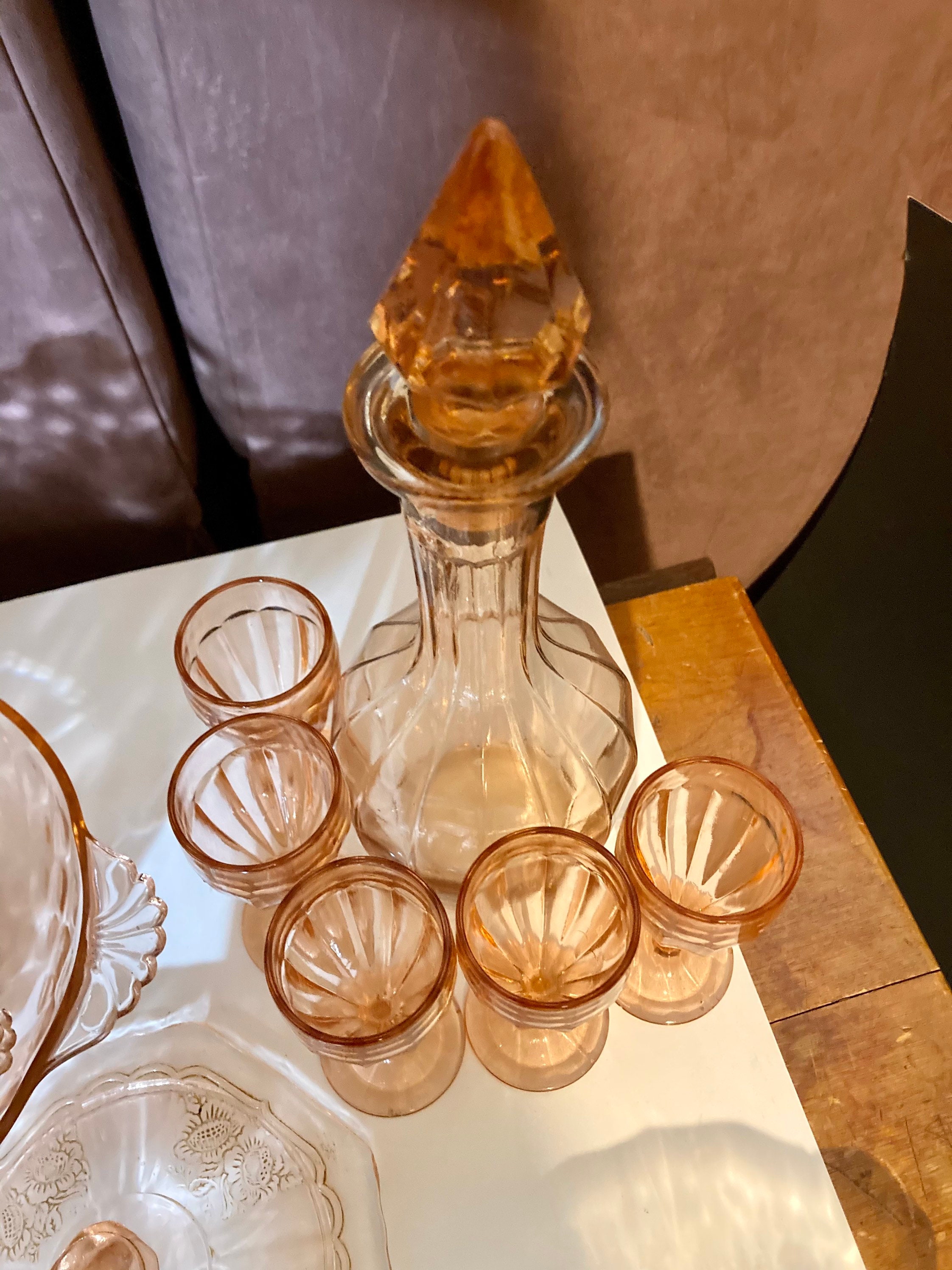 Pink & Green Depression Glass Decanter Set Plates Bowls Etsy