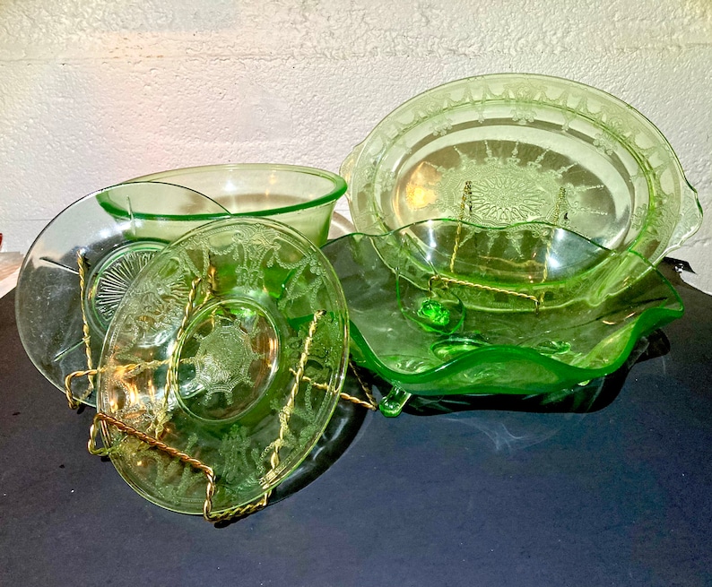 Antique to Vintage Green Uranium Glass Serving Mixing Bowls Platter ...