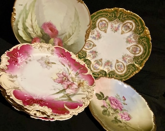 Antique French plates platters bowl in pink & green with gold rims hand painted display or cabinet plates each sold separately one set of 4.
