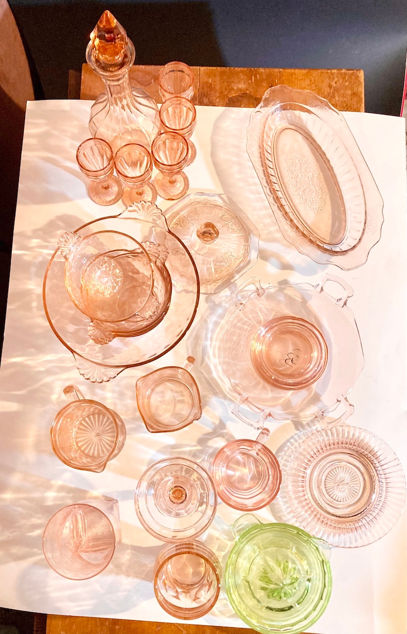 Pink & Green Depression Glass Decanter Set, Green Uranium Glass Pitcher