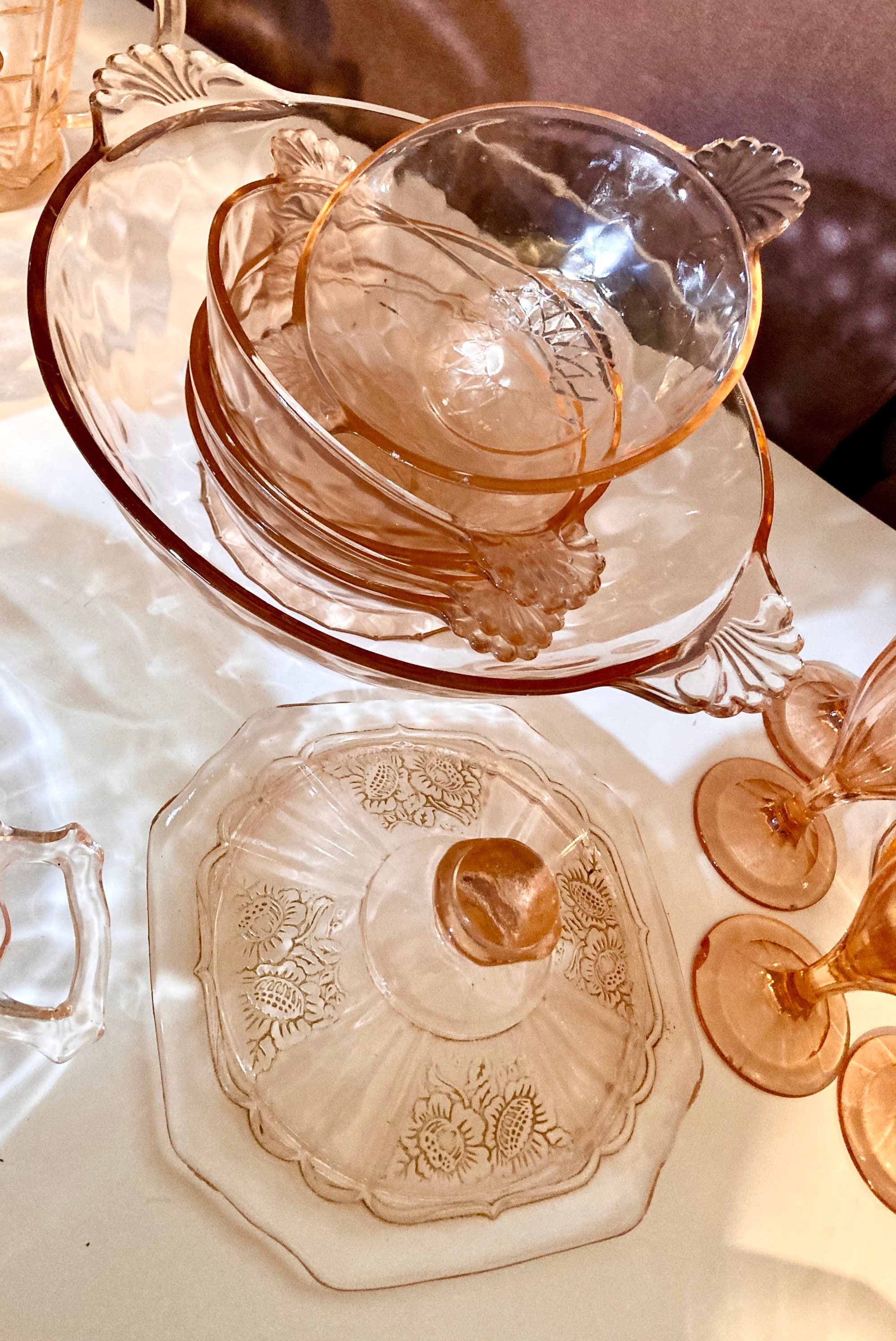 Pink & Green Depression Glass Decanter Set Plates Bowls Etsy