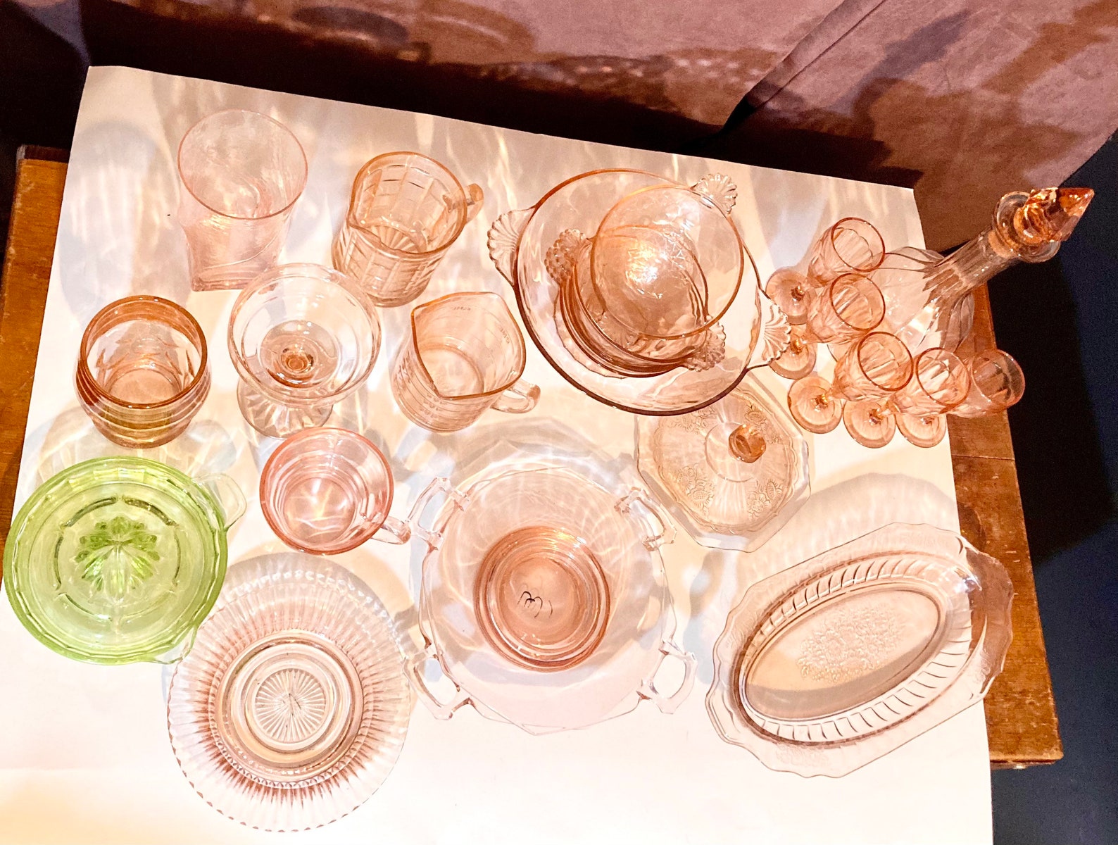 Pink & Green Depression Glass Decanter Set, Green Uranium Glass Pitcher