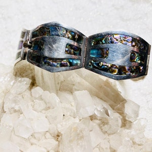 Sold JT. Antique to Vintage inlaid abalone shell & sterling silver bracelet Fully hallmarked.