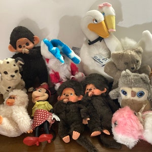Vintage stuffed animals toys gorilla mini mouse monchichi monkey dalmation dog piggy bank ducks teddy bear Mattel.