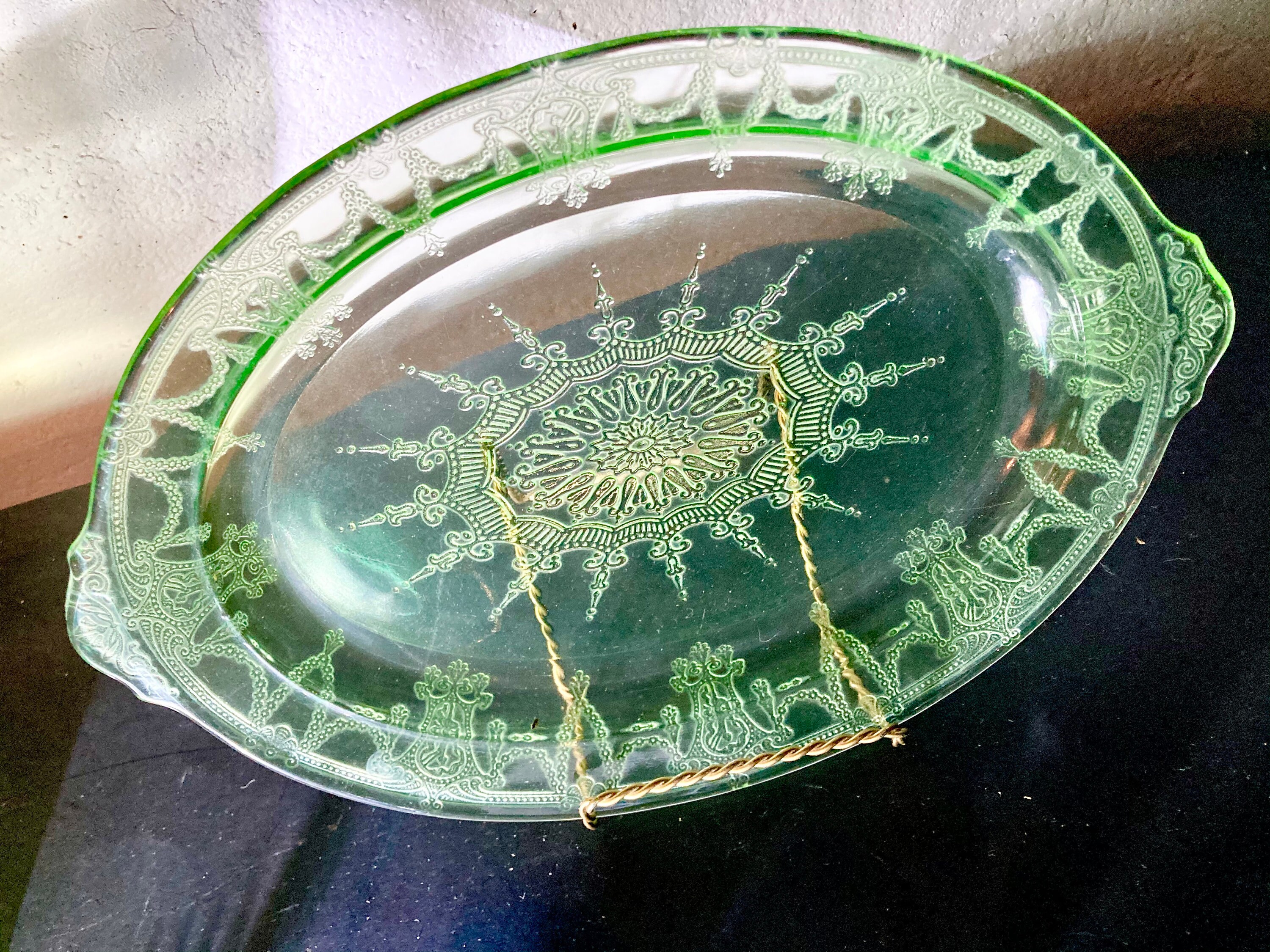 Antique to Vintage Green Uranium Glass Serving Mixing Bowls Platter