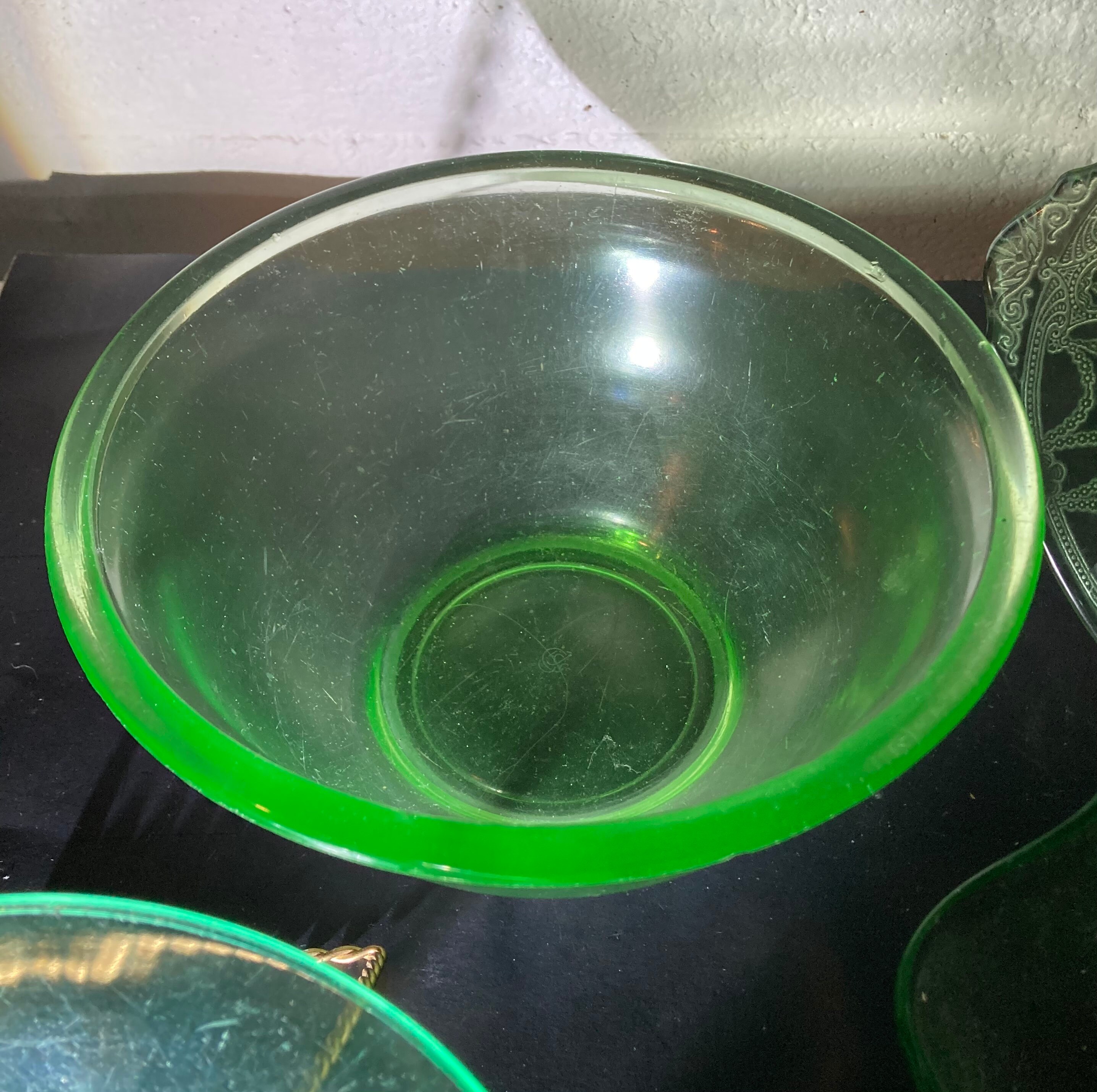 Antique to Vintage Green Uranium Glass Serving Mixing Bowls Platter