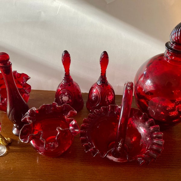 Fenton ruby red art glass hand painted & artist signed decanter, ruffled basket, ruffled bowls, bells etc. Selling per piece.