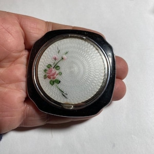 Antique Art Deco floral Guilloche enameled powder compact with mirror black & white.