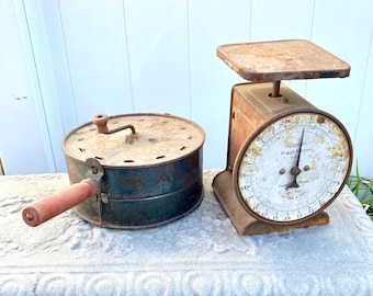 Antique to Vintage scale & popcorn popper Rustic pieces.
