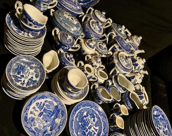 Antiques to vintage childs tea set & dishewares in the Blue Willow pattern Huge lot each item is sold separately.