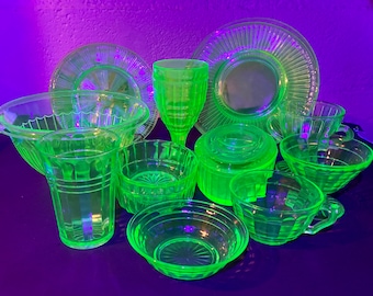 Antique to Vintage Anchor Hocking block optic green uranium depression glass platter plates cups goblets trinket holder each sold separately