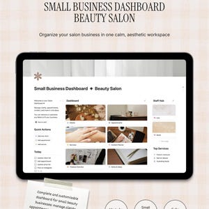 Op de afbeelding: Een digitale tablet met een "Small Business Dashboard" sjabloon voor een schoonheidssalon. Het scherm toont secties voor klanten, afspraken en diensten. Tekst op het scherm bevat "Organiseer uw salonbedrijf in een rustige, esthetische werkruimte."