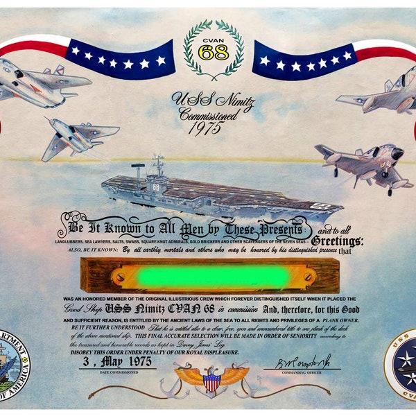 USS Nimitz (CVAN-68) Plank Owner Certificate, 11x14 Replica Certificate of the 1975 Original