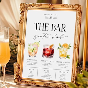Menu drinków sygnowanych na weselnym barze, nowoczesny szablon znaku baru koktajlowego, drukowane menu drinków sygnowanych, edytowane za pomocą Templett, piwo, lista win