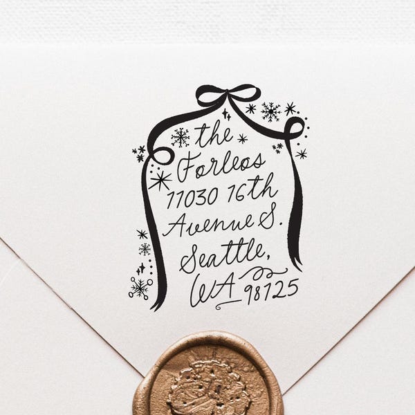 Holiday Return Address Stamp | Bow & Snowflakes and Sparkles Christmas Stamp | Exclusively on Etsy | Custom Stamp