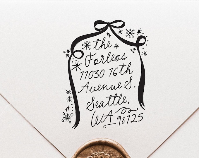 Holiday Return Address Stamp | Bow & Snowflakes and Sparkles Christmas Stamp | Exclusively on Etsy | Custom Stamp