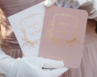 Elegant Vow Books, Personalized Wedding Vow Booklets, Set of 2, Crest Romantic Boho Wedding Vows with Real Gold Foil