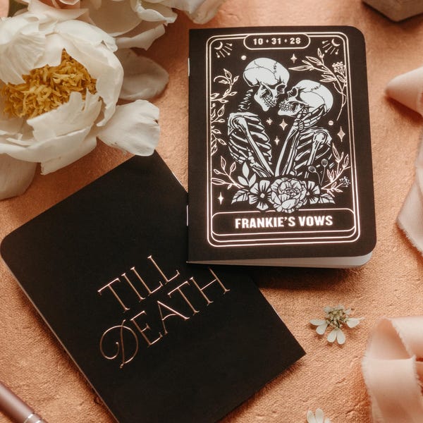 Till Death Vow Booklets Set, The Lovers Skeleton Vows, Gothic Halloween Wedding, Personalized Vow Books, Custom Vows, Gold Foil, Black