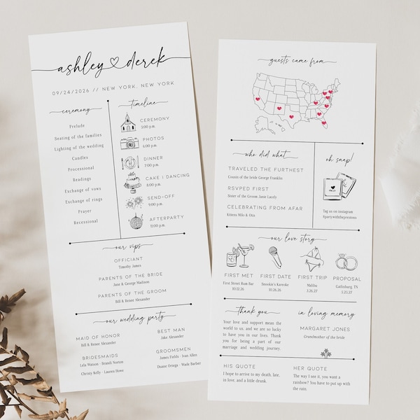 Infographic Wedding Program Template, Schedule with Icons, Order of Events Itinerary Timeline