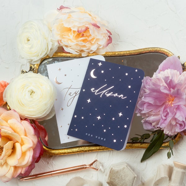 Celestial Wedding Vow Booklets Set, Night Wedding, Stars Vow Books, His and Her Modern Vows, Custom Vows, Rose Gold Foil, - Allison