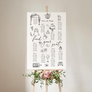 Plantilla de plano de asientos dibujada a mano, divertido letrero ilustrado con plano de asientos para bodas, plano de asientos editable e imprimible con Templett, #Briar