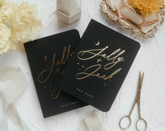 Celestial Wedding Vow Books Set of 2, Night Sky Black and Real Gold Foil, Personalized Wedding Vow Booklets - Sally