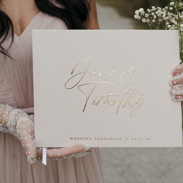 Elegantes Minimal Hochzeit Gästebuch, Minimalistisches Hochzeit Hardcover Sofort Fotoalbum, Rosegold, Gold, Silberfolie, Beiges Album