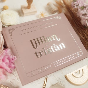 Libro de visitas de boda personalizado en color malva, álbum de fotos de tapa dura de boda vintage, papel plateado, álbum de aniversario, libro de registro - Lillian