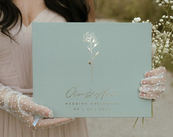 Floral Wedding Guest Book, Custom Wedding Hardcover Photo Album, Real Gold Foil, Rose Gold, Silver, Anniversary Album, Sign In Book - Olive