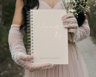 Agenda de mariage personnalisé, livre d'organisation de mariage beige, cadeau de douche nuptiale en feuille d'or rose, cadeau de fiançailles, cadeau pour la mariée - Jane