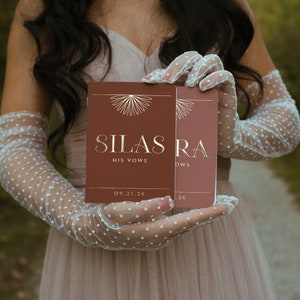 Personalized Vow Books Set of 2, Boho Custom Vow Booklets, Terracotta Wedding Vow Booklets with Real Gold Foil - Cora