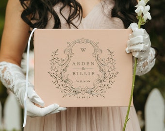 Elegant Wedding Guest Book, Ornate Crest Wedding Hardcover Photo Album, Rose Gold, Gold, Silver Foil, Romantic Beige Album # Arden