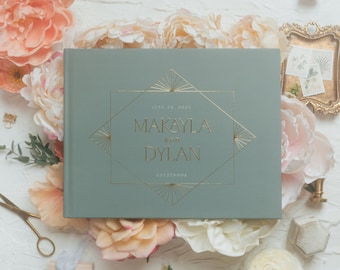 Vintage Wedding Guest Book, Green Wedding Hardcover Photo Album, Art Deco Gold Foil, Anniversary Album, Sign In Book - Makayla