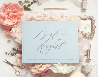 Dusty Blue Wedding Guest Book, Silver Foil Hardcover Album, Modern Anniversary Sign In Book