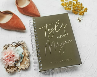 Agenda de Casamento Verde, Capa Dura, Detalhes em Folha de Ouro, Agenda Personalizada, Presente de Noivado para a Noiva #Morgan