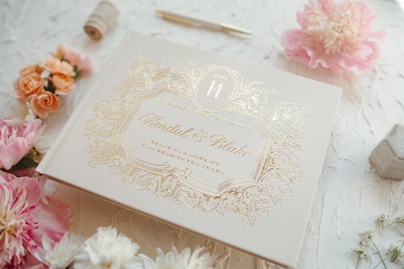 Elegant Wedding Guest Book, Foil Pressed Personalized Hardcover Photo Book, Vintage Wedding Keepsake Book image 2