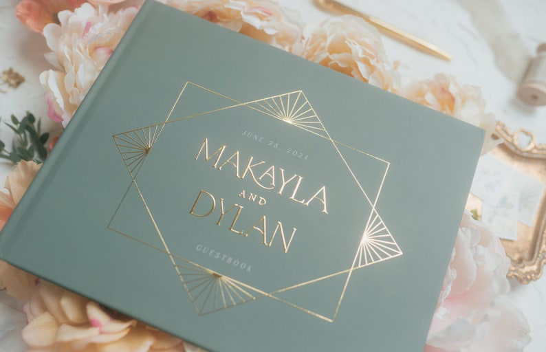 Vintage Wedding Guest Book, Green Wedding Hardcover Photo Album, Art Deco Gold Foil, Anniversary Album, Sign In Book Makayla image 3