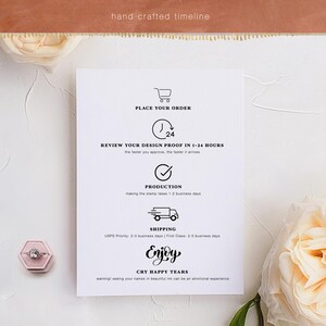 May include: A timeline outlining the process of creating a custom stamp, from placing an order to shipping. The timeline includes icons for each step, such as a shopping cart, a clock, a tick, and a delivery truck. The text includes the phrase "Enjoy Cry Happy Tears" and a warning that seeing your names in beautiful ink can be an emotional experience.
