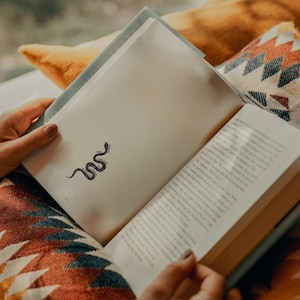 Puede incluir: Un libro abierto con una ilustraci&oacute;n de una serpiente negra en la p&aacute;gina izquierda. El libro se sostiene sobre un coj&iacute;n estampado con tonos naranja y marr&oacute;n. Las p&aacute;ginas son de color crema y se ve el lomo del libro.