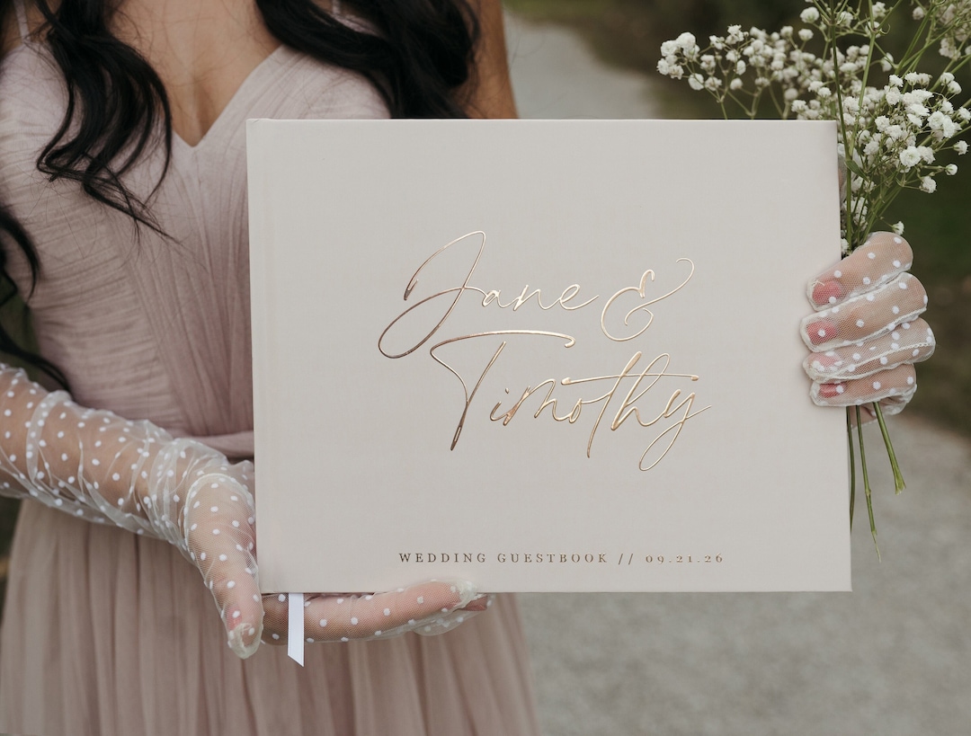 Elegant Minimal Wedding Guest Book, Minimalist Custom Wedding Hardcover Instant Photo Album, Rose Gold, Gold, Silver Foil, Beige Album - 10 x 8 | 100 | White, Gold