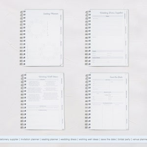Puede incluir: Un conjunto de cuatro cuadernos de planificaci&oacute;n de bodas con espiral. Cada cuaderno tiene un t&iacute;tulo diferente: Seating Planner, Wedding Dress Supplier, Wishing Well Ideas y Save the Date. Las p&aacute;ginas son blancas con texto gris claro.