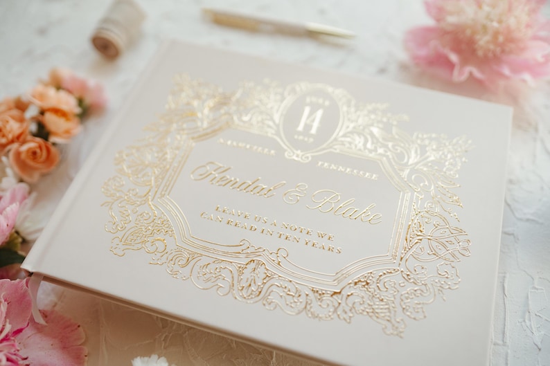 Elegant Wedding Guest Book, Foil Pressed Personalized Hardcover Photo Book, Vintage Wedding Keepsake Book image 12