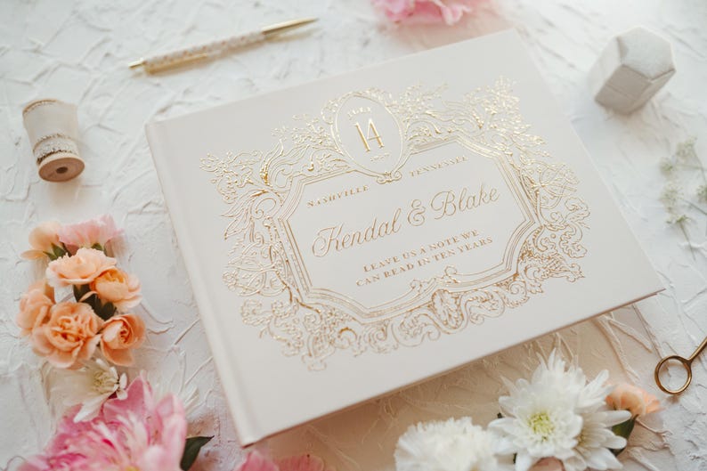 Elegant Wedding Guest Book, Foil Pressed Personalized Hardcover Photo Book, Vintage Wedding Keepsake Book image 6