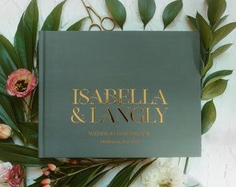 Green Guestbook, Modern Wedding Guest Book, Real Gold Foil Hardcover Wedding Photo Book for Polaroids, Traditional Guestbook - Isabella