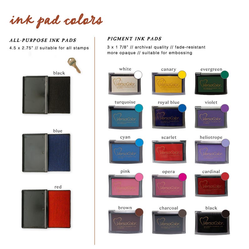 Peut inclure: Tampons d'encre de diff&eacute;rentes couleurs, notamment noir, blanc, bleu, rouge, turquoise, bleu royal, violet, cyan, &eacute;carlate, h&eacute;liotrope, rose, op&eacute;ra, cardinal, marron, charbon de bois et noir. Les tampons d'encre sont &eacute;tiquet&eacute;s "VersaColor" et conviennent &agrave; tous les tampons et au gaufrage.